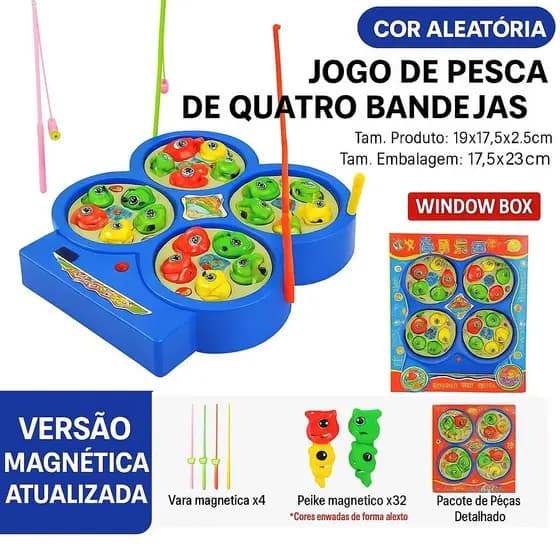 Jogo Infantil Pega Peixe Pescaria Maluca Musical com Imã 32 Peixes e 4 Varas