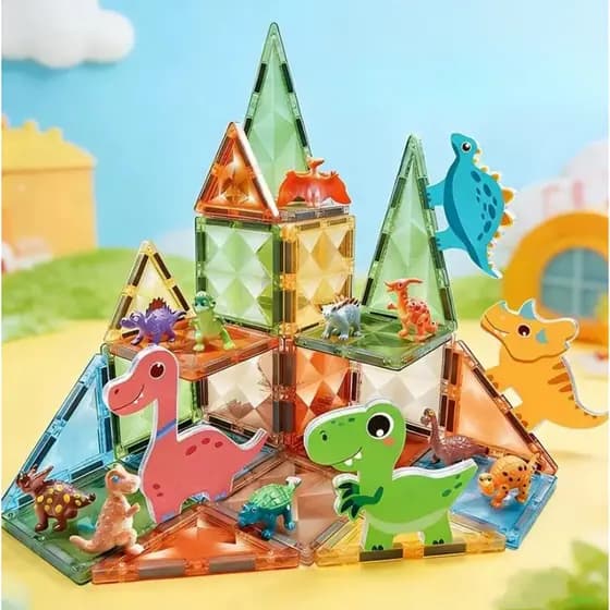 Blocos Magnéticos Dinossauro Janela Cristal 3D Brinquedo Educativo de Montar Infantil 36 Peças