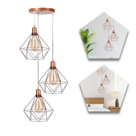 Pendente Luminária Diamante Triplo Rose Gold Cabo Cristal