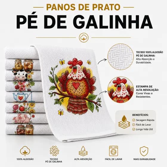 Kit Pano De Prato Pé De Galinha Estampado GRANDE