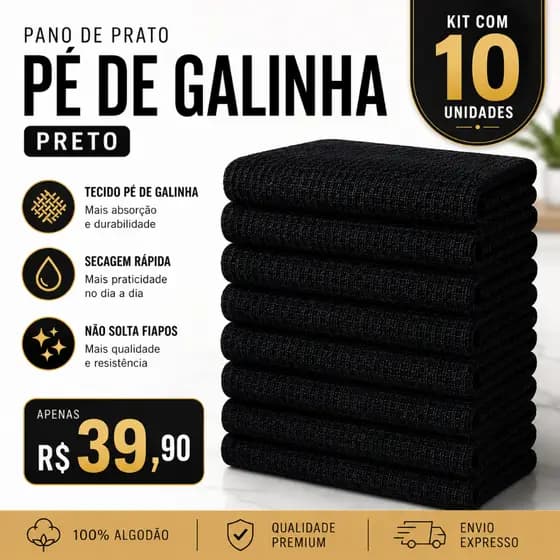 Kit Pano de Prato PRETO Pé de Galinha GRANDE