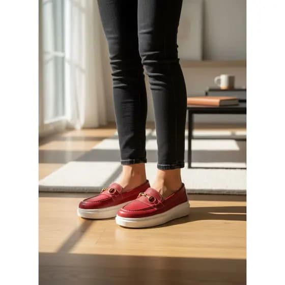Mocassim Feminino Sola Baixa com Fivela Dourada Plataforma Conforto Premium em couro .