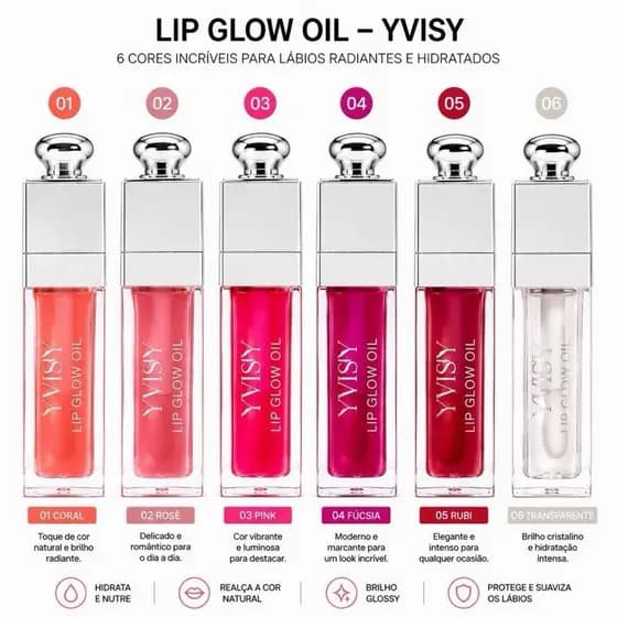 Lip Glow Oil - 6 Cores Incríveis para Lábios Radiantes e Hidratados