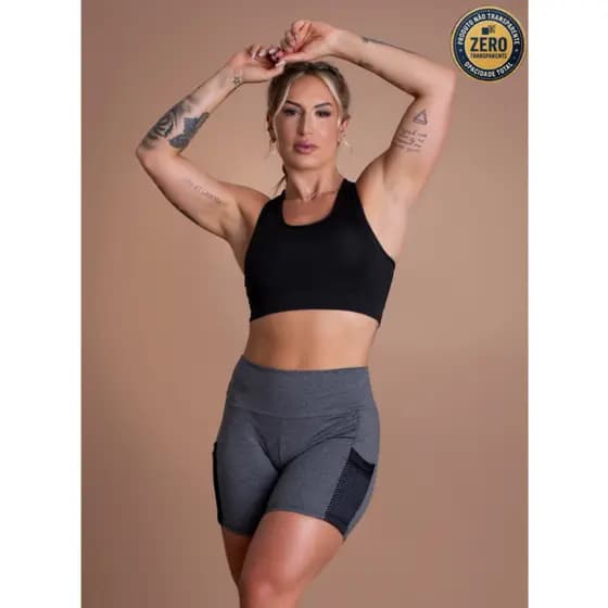 Conjunto Fitness Feminino Short Bolso Tela Cabe Celular E Top Nadador Básico Academia GJR Modas