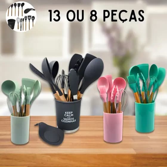 Conjunto de Utensílios para Cozinha 13 Peças ou 8 Peças Espátulas Colher Pegador Concha Kit Completo