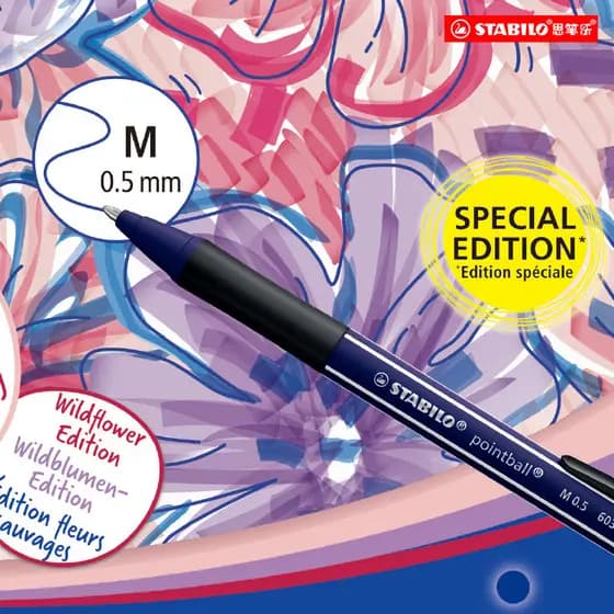 Caneta Esferográfica Stabilo Wildflower Edição Limitada 0.5mm Tinta Azul à Base de Óleo Importada da Alemanha Ultra Suav