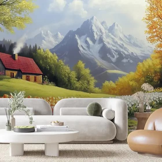 Papel de Parede Para Sala Papel de Parede Para Quarto Montanhas Neve Tulipas Adesivo Lavavel 3D