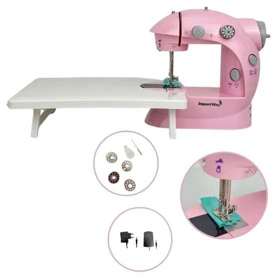 Mini Máquina Costura Rosa Portátil Com Mesa Importway Rosa 127/220v