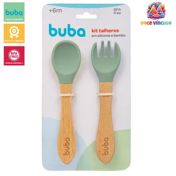 Colher e Garfo Infantil Silicone e Bambu Kit Talheres Para Bebê Verde - Buba
