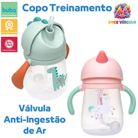 Copo Com Canudo Alça e Válvula Anti-Cólica Infantil Bebê Magic Dino Canudo de Silicone Buba