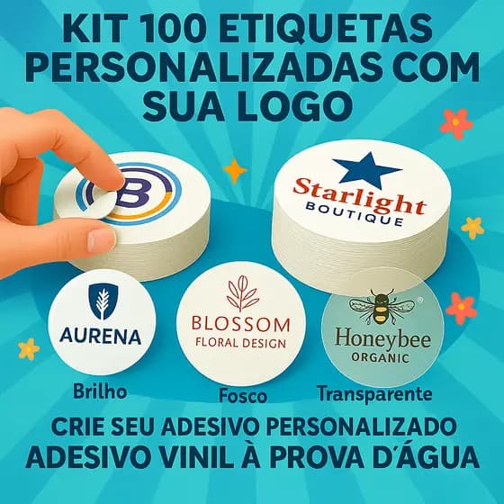 100 Etiquetas Adesivos Personalizada Com Sua Logo | Envie Sua Arte | Vinil A prova D'Água | KIT c100