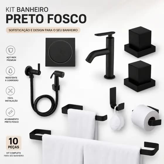 Kit Acessórios De Banheiro Preto +Torneira Bica alta+ Ducha Higienica+ 02 Acabamento Metal Deca+ Ralo Click 10x10