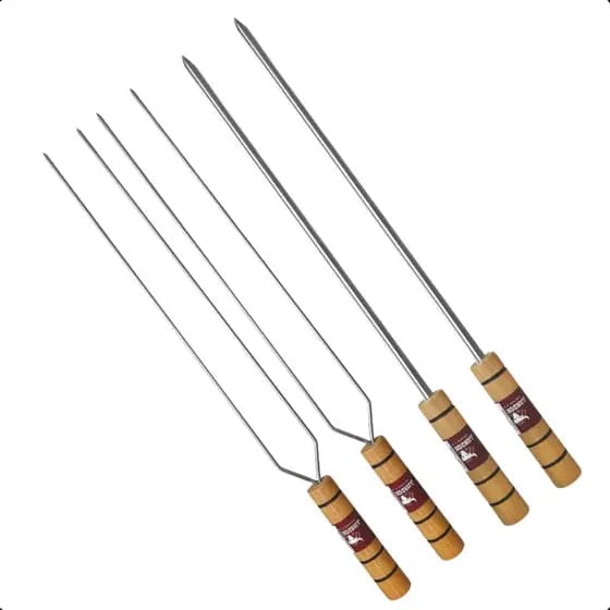 Kit Churrasco 4 Espetos 55cm Aço Inox Cabo Madeira 2 Simples e 2 Duplos