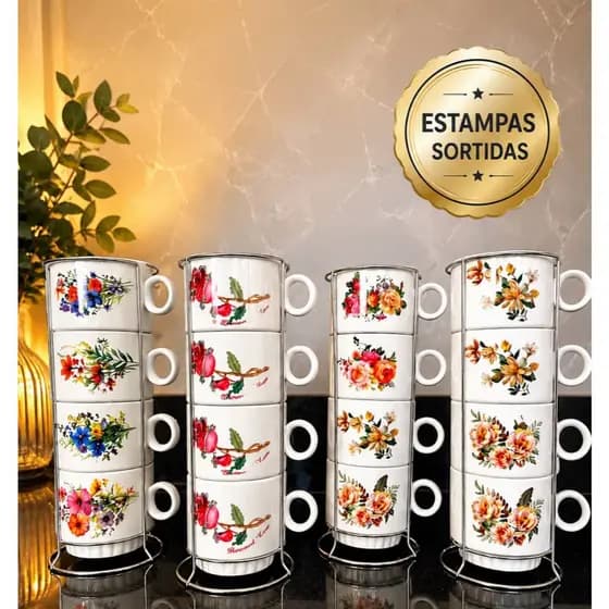 jogo de 4 Xícaras para Café ou Chá com Suporte Metálico Organizador
