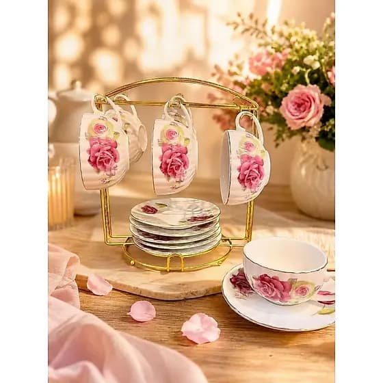 Jogo de Xícaras de Café em Cerâmica 90ml com Suporte 6 Xícaras + 6 Pires Elegante para Presente