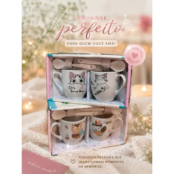 Kit Xícaras de Café 100ml Estampadas em Cerâmica com Colher, Gatinho Coruja, Presente Criativo e Delicado