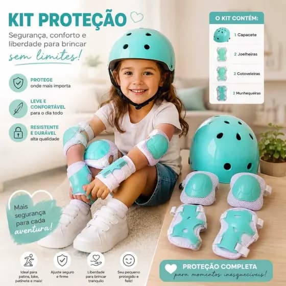 Kit Proteção Infantil Completo Capacete + Joelheira + Cotoveleira + Munhequeira Segurança para Patins Bike Skate