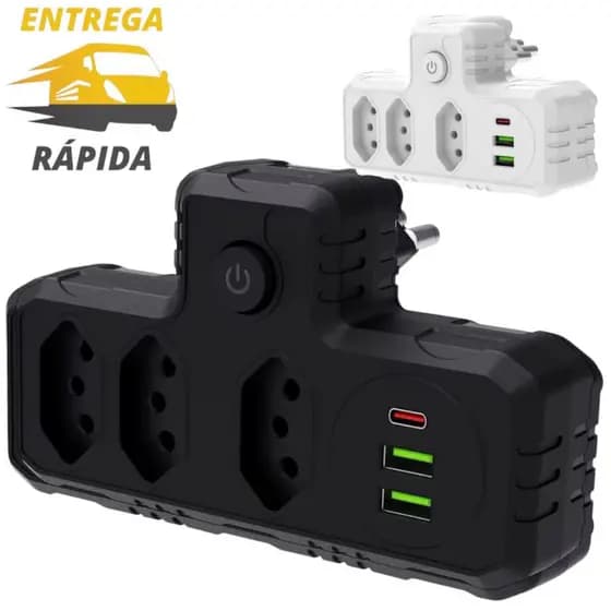 Extensão Filtro De Linha Régua de Parede USB Tipo C e 3 Tomadas 10a