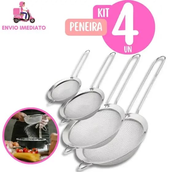 4 Peneira Coador Funil em Aço Inox Multifuncional paraFarinhas Alimentos Frutas Cozinha 8/10/14/18cm