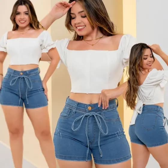 Short Jeans feminino com laço; com lycra (estica); duas cores, conferir tabela de medidas