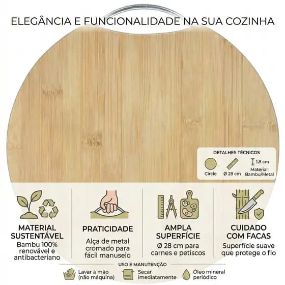 Tábua de Corte Redonda em Bambu Premium com Alça de Metal