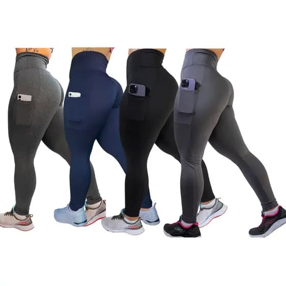 Kit 4 Calças Legging C/ Bolso Cós Alto Reforçada Academia Caminhada Trabalho