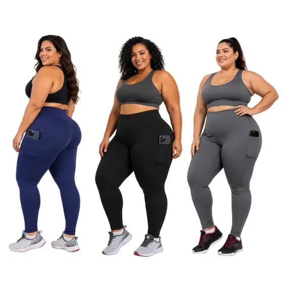 Kit 3 Calças Legging C/Bolso PLUS SIZE Cós Alto Suplex Power Fitness Caminhada Trabalho