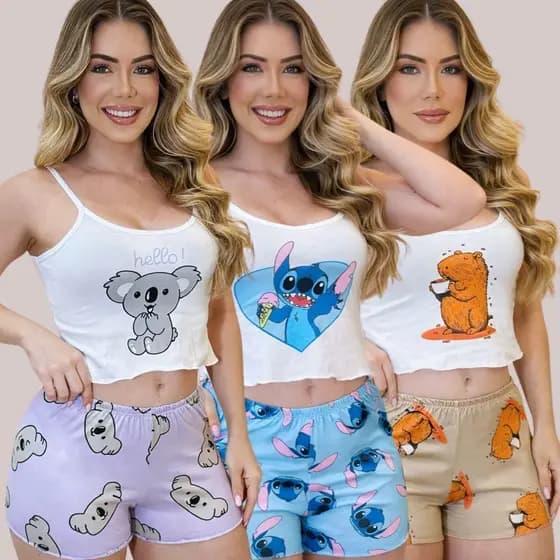 KIT 3 Pijama Feminino 6 Peças Baby Doll Virginia Estampa Personagem Confortável Leve Atacado Revenda