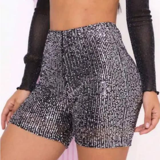 Short Feminino Paetê Lantejoulas Curto Cintura Alta Com Forro Preto Cinza Moda Balada Festa