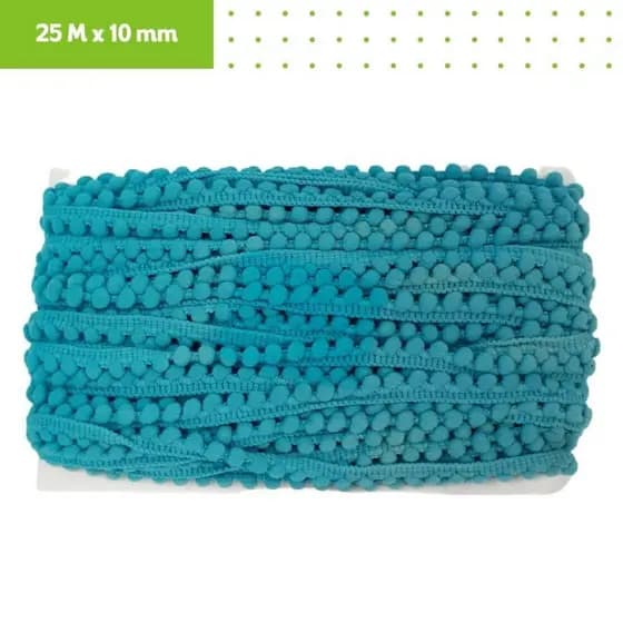 Fita Grelot Pompom Turquesa Escuro 10mm - Com 25 Metros - MGX