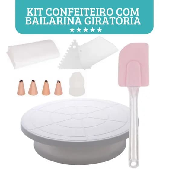 Bailarina Giratória com Saco Com Bico Para Confeitar e Espatulas Prato Giratório Branco 28 cm e Pão Duro