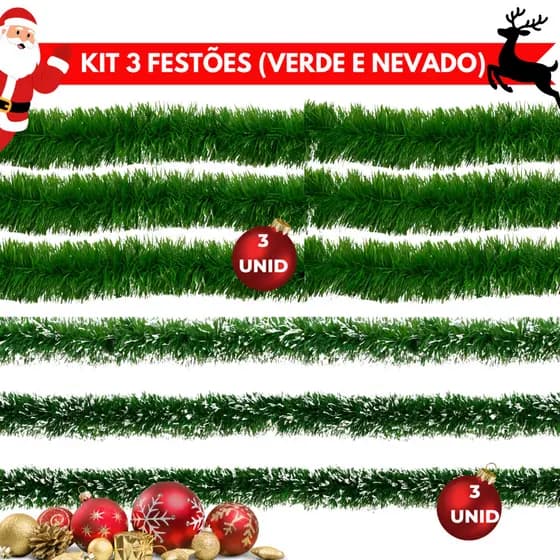 Kit 3 Peças Festão Verde Enfeite De Natal 2m Decoração Festa Promoção 8CM - Envio Imediato