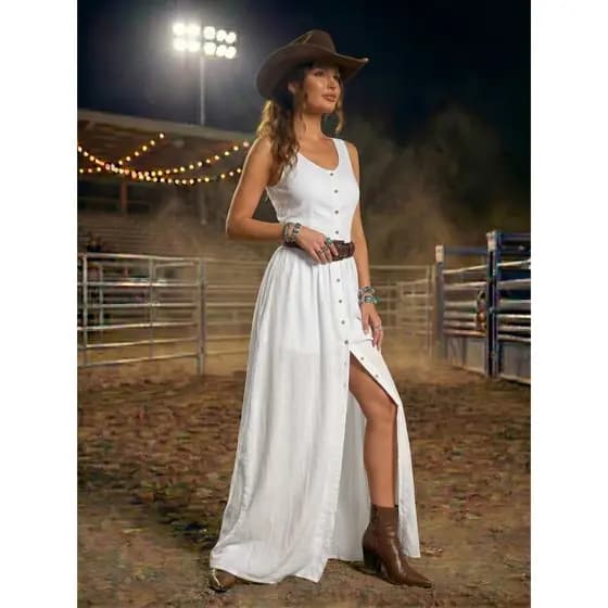 Vestido Longo Country Feminino Estilo Western Festa De Barretos Rodeio Peão Com Botões Modesta Casual Tendência Blogueir