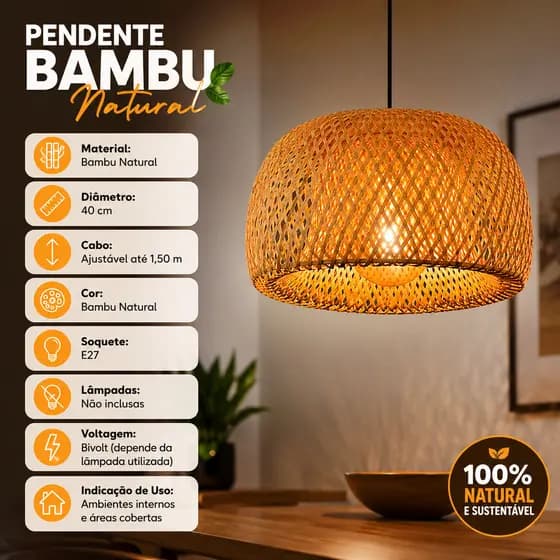 Luminária Pendente Bambu Natural Oval 40 cm Palha Trançada