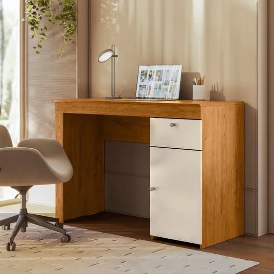 Escrivaninha Para Home Office Com 2 Gavetas E Porta Mesa De Estudo Canela Off