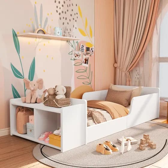 Cama Infantil Com Nicho Organizador Para Brinquedos e Sapateira Baixa Montessoriana Quarto Criança