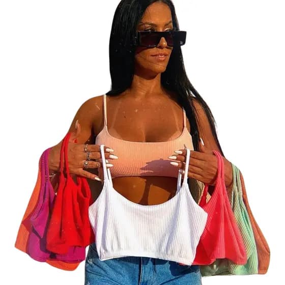 Combo De 02 Cropped Feminino De Alças Finas Canelado Moda