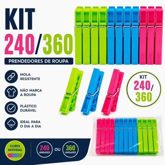 Kit 240/360 Prendedor Pregador de Roupa Plástico Resistente com Mola de Metal para Varal Lavanderia