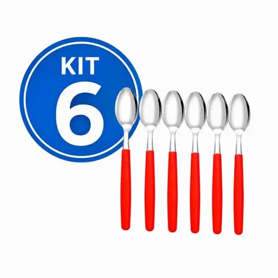 Kit 6/12/18/24 Colher de aço inox Talheres de mesa para cozinha com cabo plástico vermelho