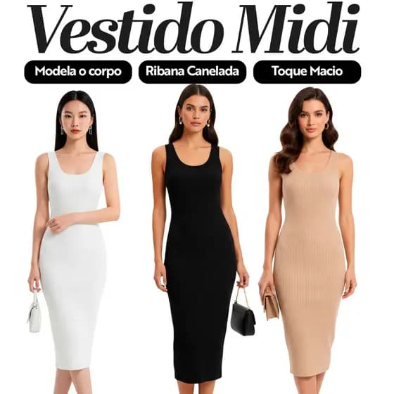 Kit 3 Vestidos Midi Feminino de Ribana Canelada Premium Casual Básico Vestido para Festas