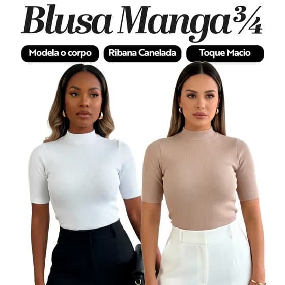 Kit 2 Blusas Gola Alta Ribana Canelada Manga 3/4 em Algodão - Camisa Básica Feminina Casual