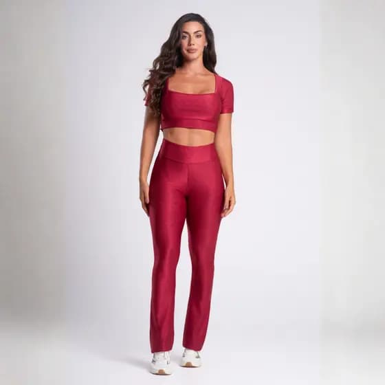 Conjunto Fitness Feminino Top Cropped e Calça Flare Bailarina Cintura Alta Luxo