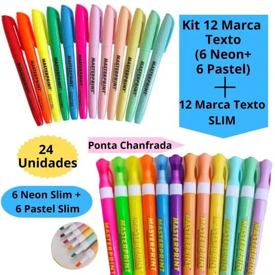 Kit 12 Marca Texto (6 Neon + 6 pastel) + 12 Marca Texto Slim (6 Neon + 6 pastel) Ponta Chanfrada Escolar Masterprint