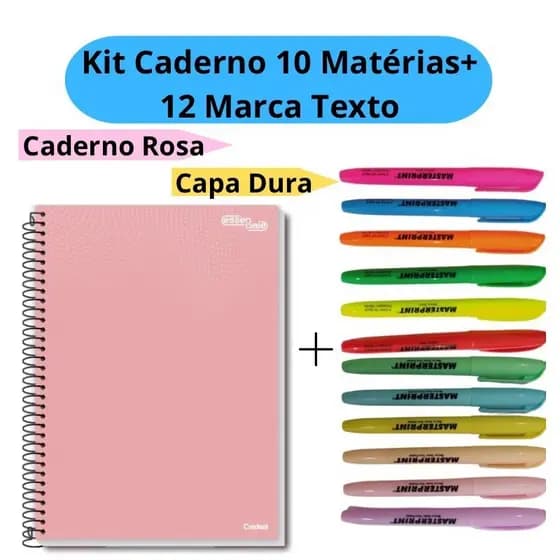 Kit 12 Marca Texto (6 Neon + 6 pastel) + Caderno Universitário 10 Matérias Caderno Rosa Espiral Capa Dura Escolar
