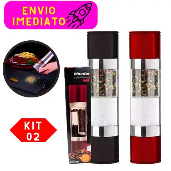 Kit 2 Moedor Manual Ajustável de Sal Pimenta Temperos 2 em 1 Inox Plástico Resistente