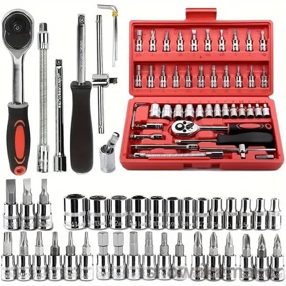 Kit De Ferramentas 46 Peças Jogo De Soquetes Chave Catraca Reversível Com Maleta Kit Completo