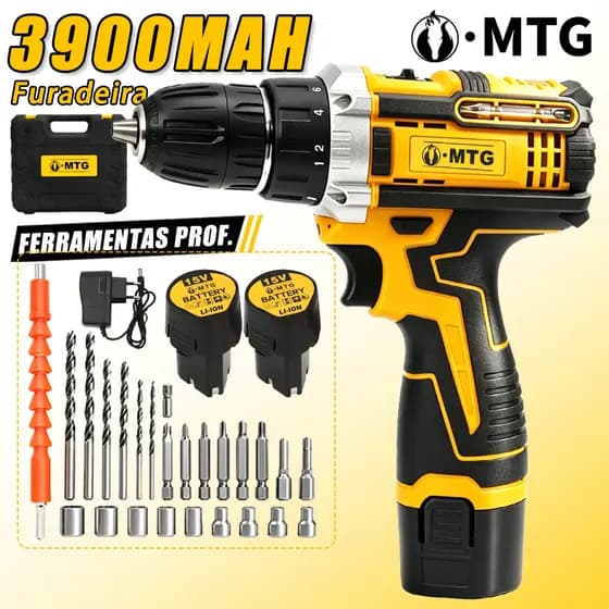 Parafusadeira Furadeira de Impacto Sem Escova Profissional 15V 2000mAh 2 Bateria Kit Completo