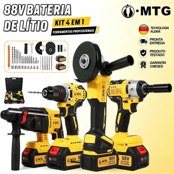 Kit MTG 4 Ferramentas 88V Furadeira, Chave de Impacto, Martelete e Esmerilhadeira com 2 Baterias e Maleta