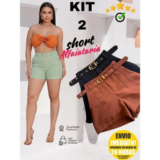 Kit 2 Short Alfaiataria Feminino Com Bolso Com Cinto Forrado PROMOÇÃO Cintura Alta ENVIO IMEDIATOO