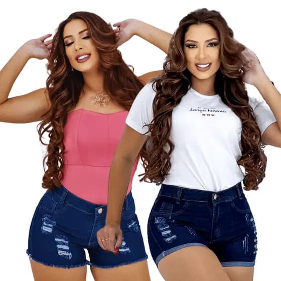 Short Jeans Feminino Destroyed Barrinha ou Desfiado Cos Alta Cintura Bermuda Levanta Bumbum